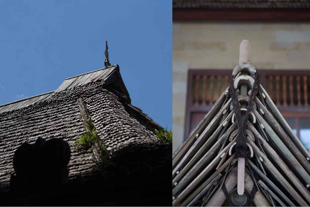 Detail penutup atap di Rumah Adat Penglipuran, Bali.Di foto ini terlihat detail-detail kritis di per­temuan sam­bungan yang rentan bocor ditutup dengan tum­pukan bambu dan di pasak ver­tikal.Pasak ini kemudian ‘dirayakan’ dengan sim­bol pemilik rumah.