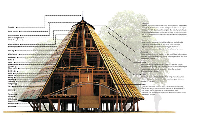Detail Rumah Adat Waerebo, dimana masing-masing kon­struksi memiliki bahan kayu ber­beda sesuai dengan karak­ter dan sifat kayu. Gam­bar oleh Faiz Sup­rahman — dok.Rumah Asuh
